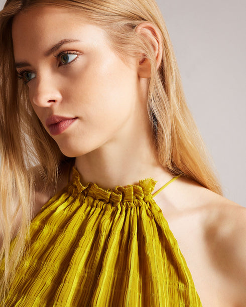 CLIARA-Tops-Make waves in CLIARA. Paired with tailored trousers for the office or dress it down for the weekend with your favorite pair of jeans, what really makes this halter top special is the shirred texture that complements the subtle peplum shape. Halter neck top Drawstring waist Shirred texture Self tie fastening Peplum waist Gathered neckline Karolina is 5'10" / 1.78m and wears Medium Yellow a Ted size 1- Ted Baker Romania